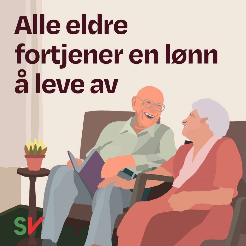 Alle eldre fortjener en lønn å leve av. To smilende eldre mennesker. Grafikk og illustrasjon