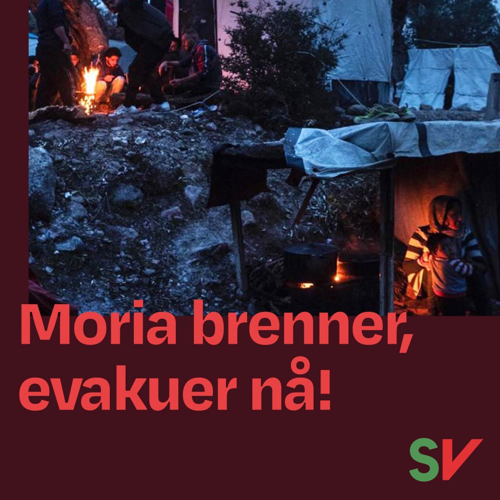 Moria brenner, evakuer nå! Flyktninger i Moria leiren. Grafikk over foto