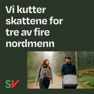 Vi kutter skattene for tre av fire nordmenn. Par med barnevogn på tur. Grafikk og foto