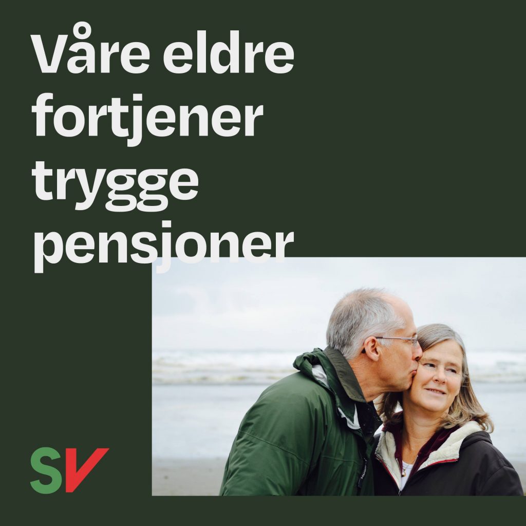 Våre eldre fortjener trygge pensjoner. Eldre par på en strand. Grafikk over foto