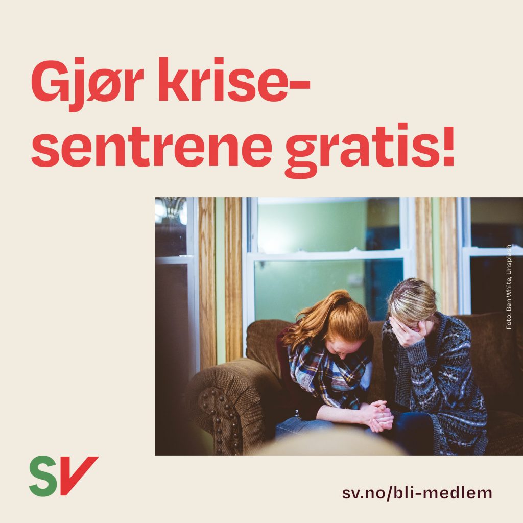 Gjør krisesentrene gratis! - to gråtende kvinner i en sofa. tekst og foto