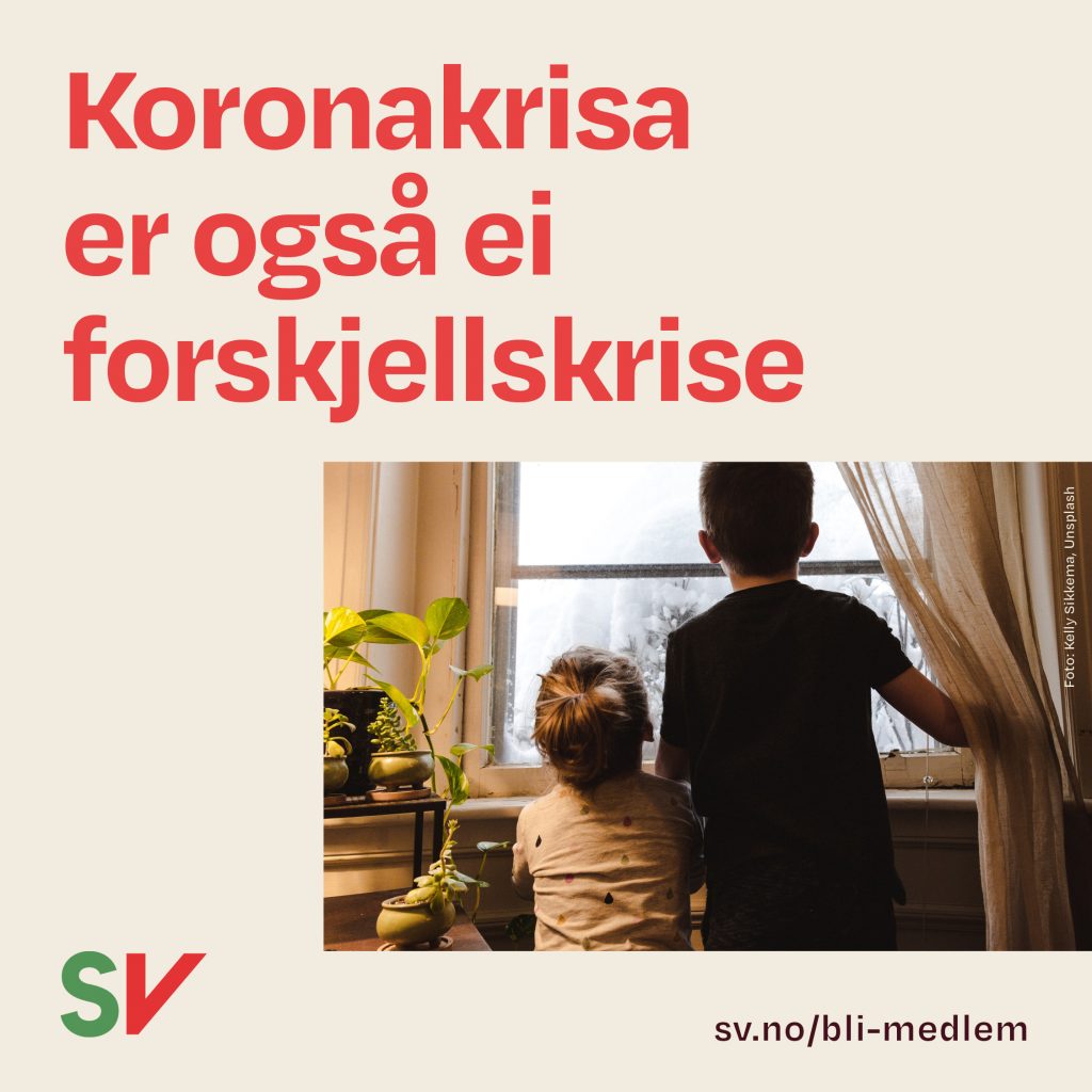 Koronakrisa er også ei forskjellskrise - to barn ser ut av vindu. tekst og foto