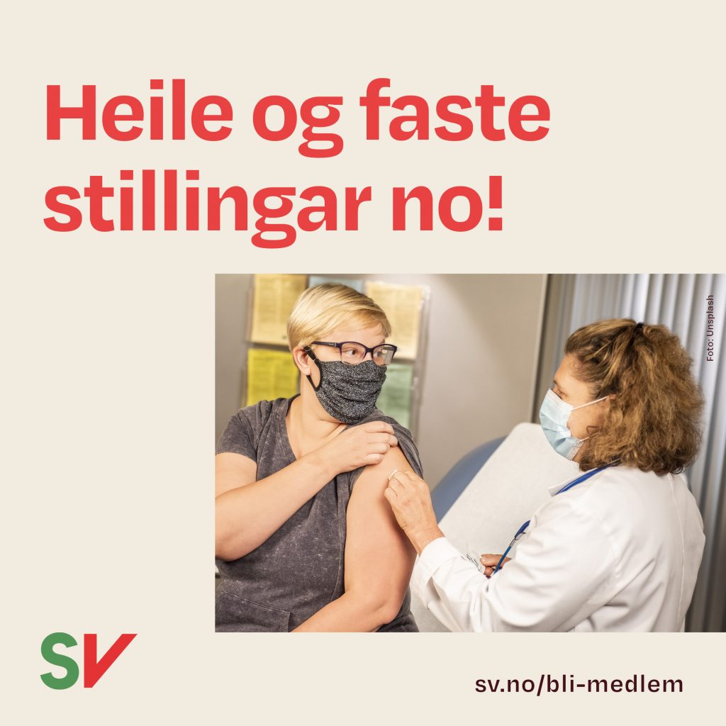 Heile og faster stillingar no! - Helsearbeider vaksinerer kvinne. tekst og foto