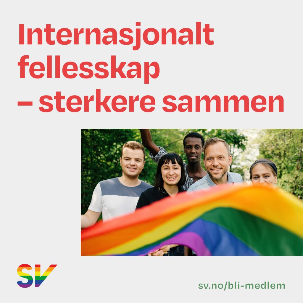Internasjonalt felleskap, sterkere sammen - sv folk bak regnbueflagg. tekst og foto