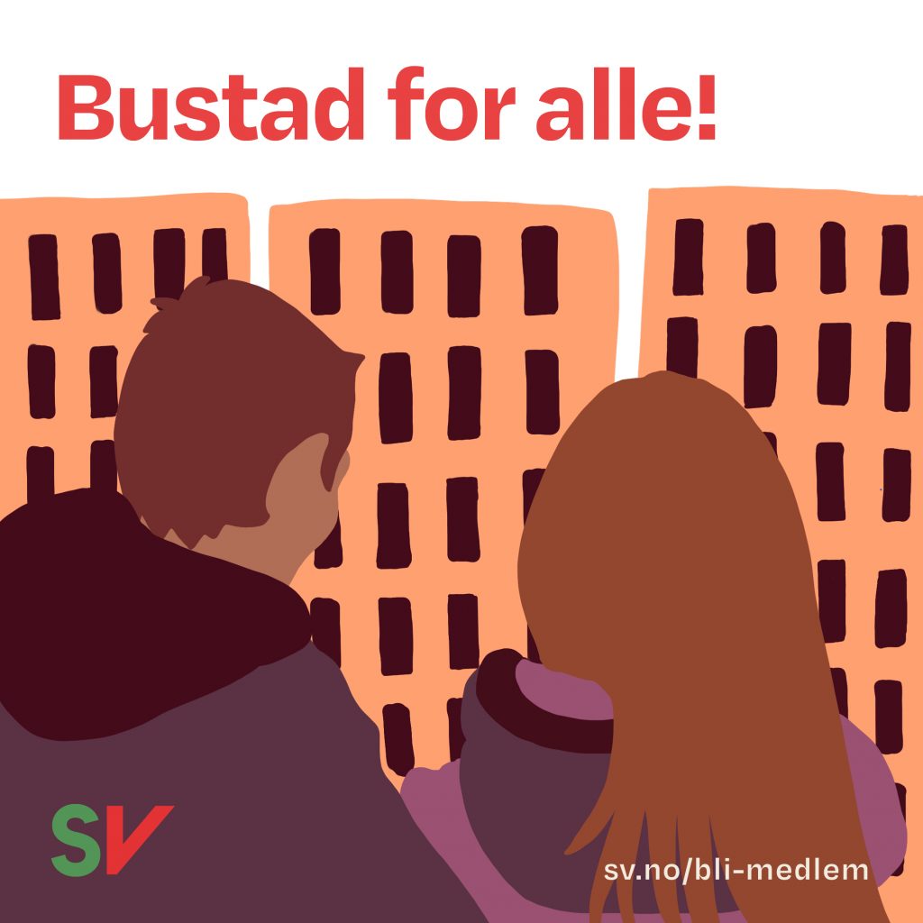 Bustad for alle - to mennesker som ser på boligblokker. tekst og illustrasjon