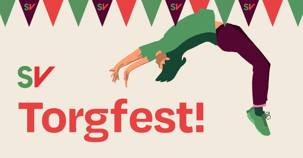 Torgfest - person slår salto. tekst og illustrasjon
