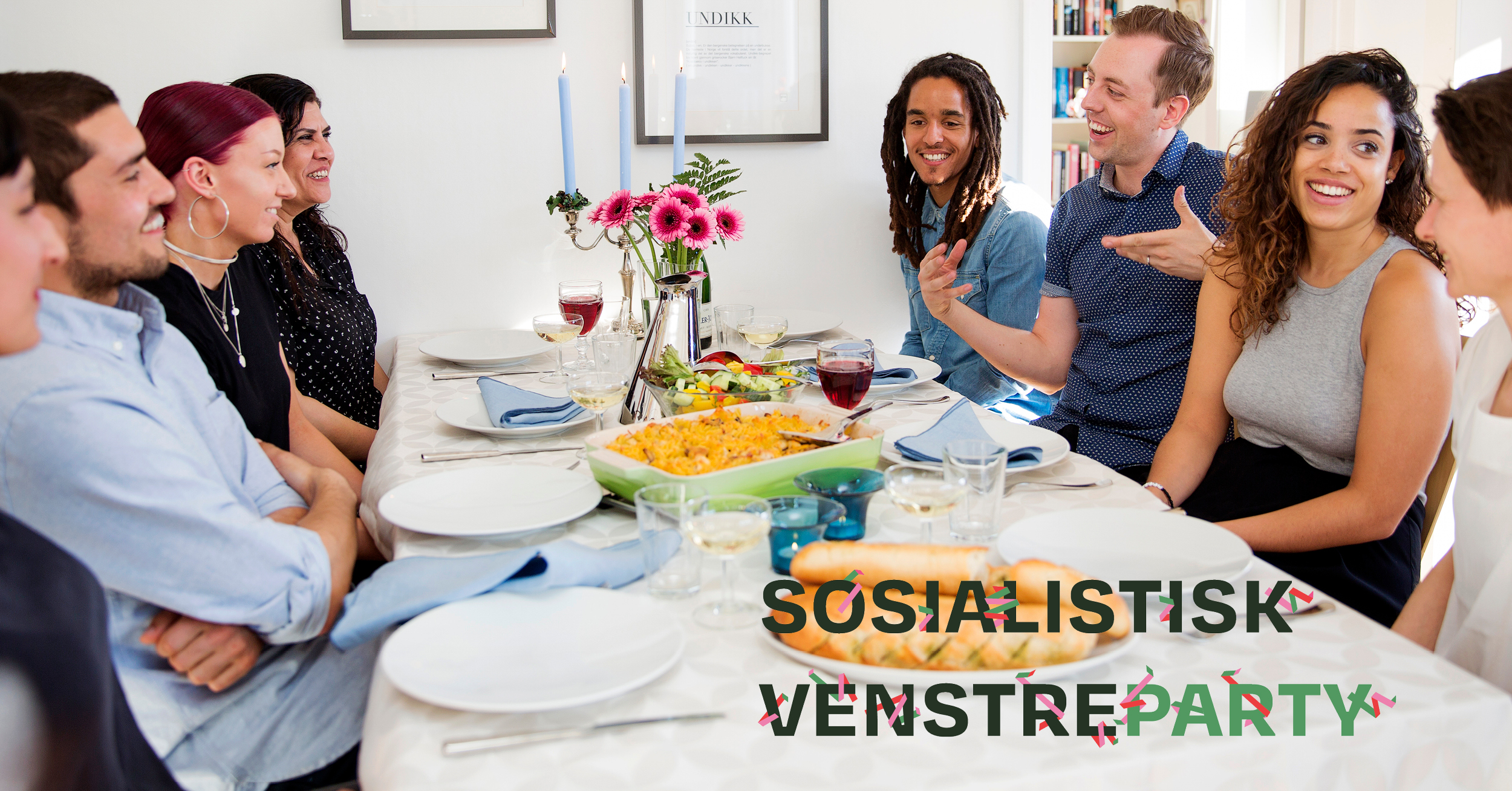 Sosialistisk Venstreparty - Folk rundt spisebord. tekst over foto