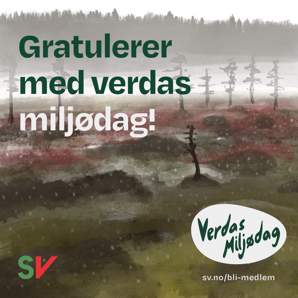 Gratulerer med verdas miljødag! - Myrlandskap. tekst over illustrasjon