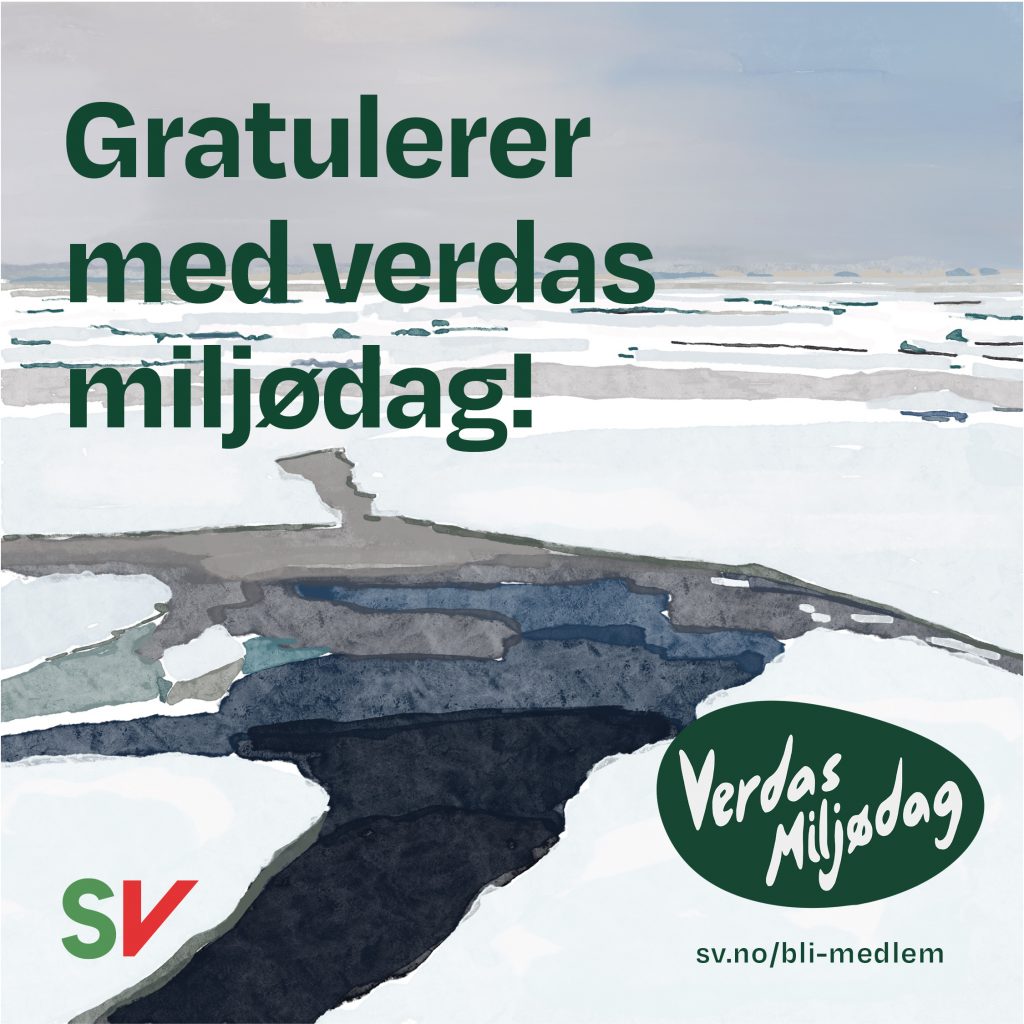 Gratulerer med verdas miljødag! - Isbre. Tekst over illustrasjon