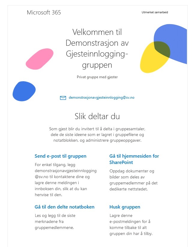 Velkomstepost til Microsoft 365 gruppe. skjermdump