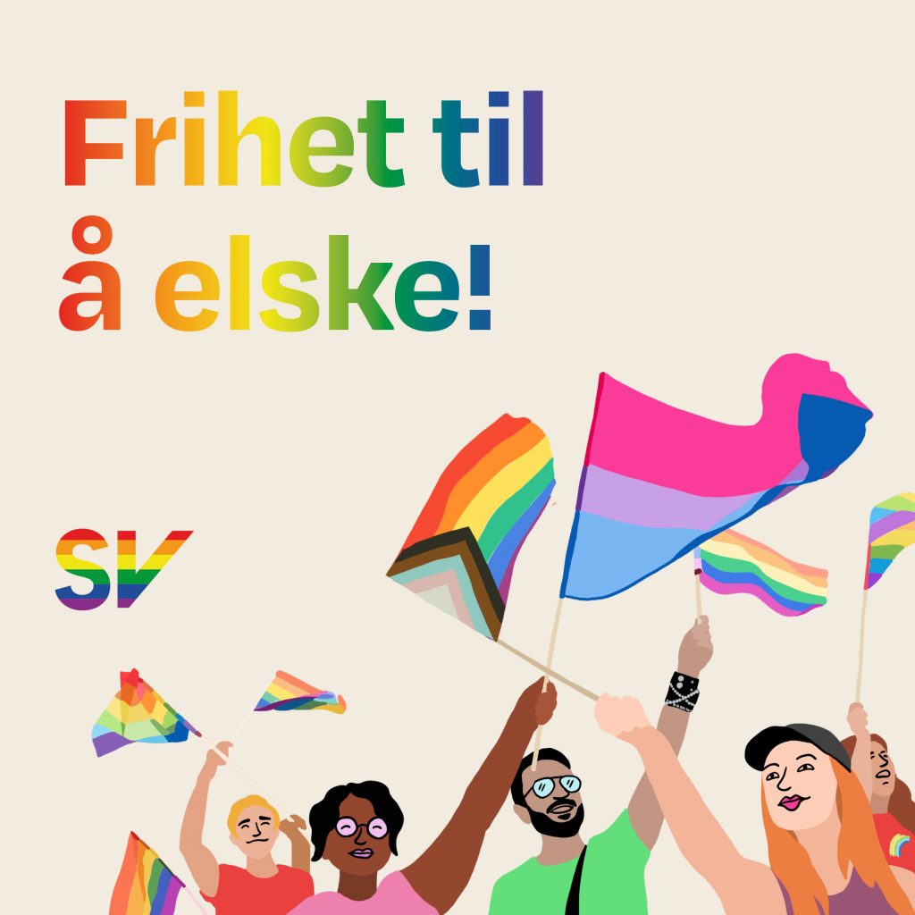 Frihet til å elske! - Folk i pridetog. tekst og illustrasjon