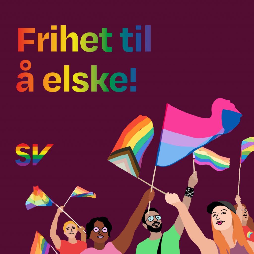 Frihet til å elske! - Folk i pridetog. tekst og illustrasjon