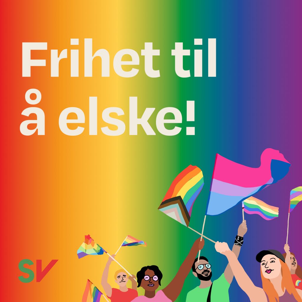 Frihet til å elske! - Folk i pridetog. tekst og illustrasjon