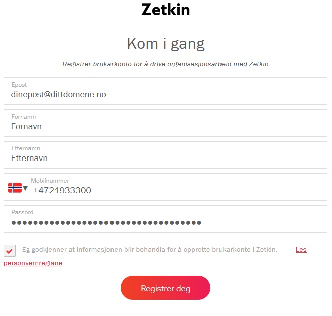 Registreringsside i zetkin, epost, fornavn, etternavn, mobilnummer, passord. skjermdump