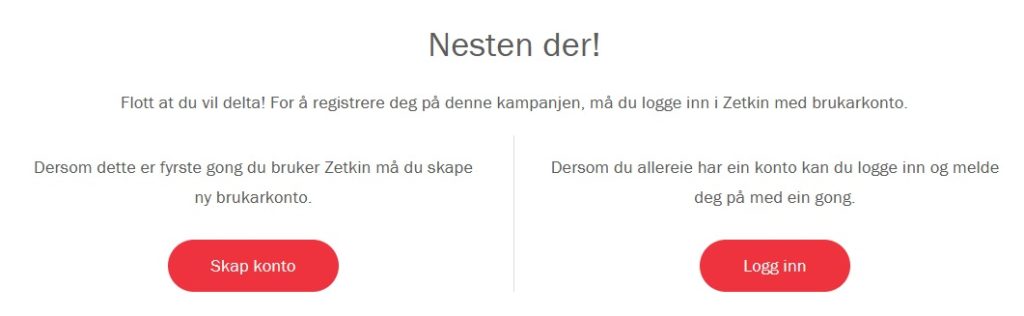 Nesten der!, side i zetkin som gir valg mellom å logge inn eller registrere konto. skjermdump