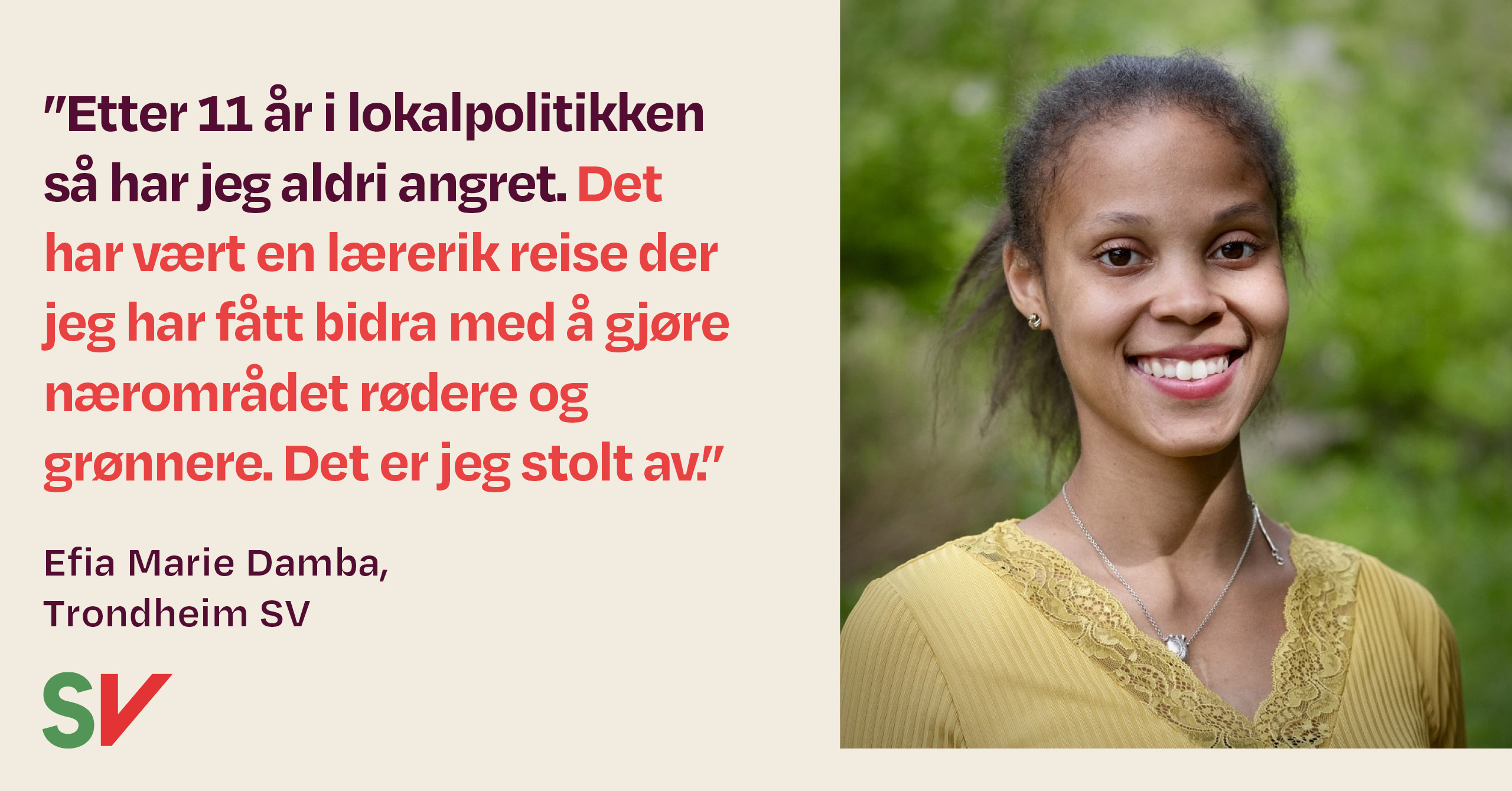 Etter 11 år i lokalpolitikken har jeg aldri angret - sitat Efia - tekst med foto