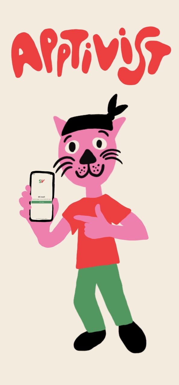 Antropomorf katt med mobiltelefon som viser SV-appen. illustrasjon