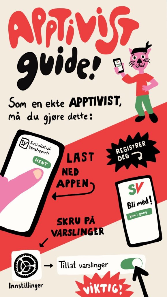 Apptivistguide, last ned appen, registrer deg, tillat varslinger - antropomorf katt og mobiltelefoner som kjører SV appen. tekst og illustrasjoner