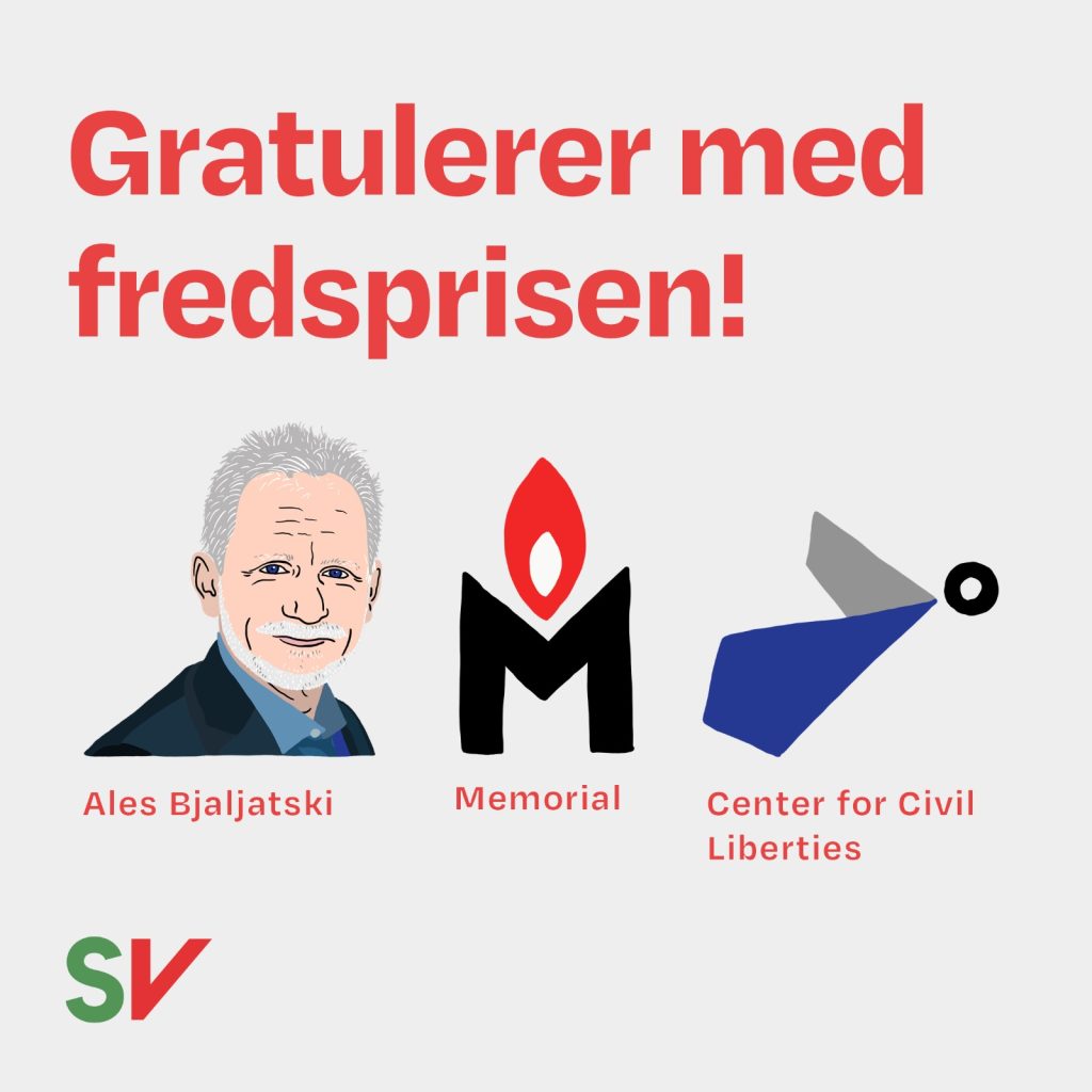 Gratulerer med Fredsprisen Ales Bjaljatski, Memorial og Center for civil liberties - illustrasjon med tekst