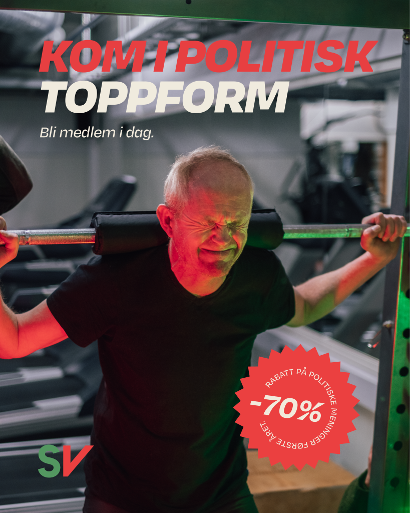 Kom i politisk toppform. - bilde av Lars Haltbrekken som løfter vekter med tekst
