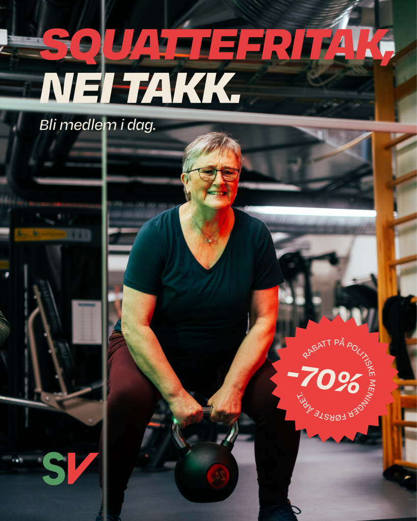 Squattefritak nei takk. Bilde av Birgit Oline på treningssenter med tekst