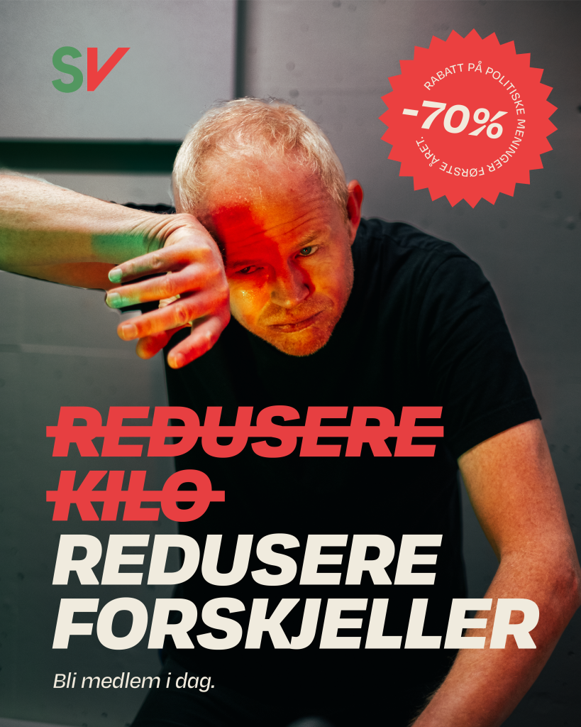 Redusere kilo (strøket over) redusere forskjeller. Bilde av Lars Haltbrekken på spinningsykkel med tekst