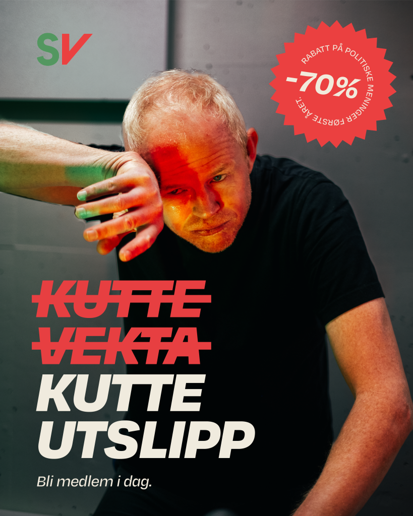 Kutte vekta (strøket over) kutte utslipp. Bilde av Lars Haltbrekken på spinningsykkel med tekst
