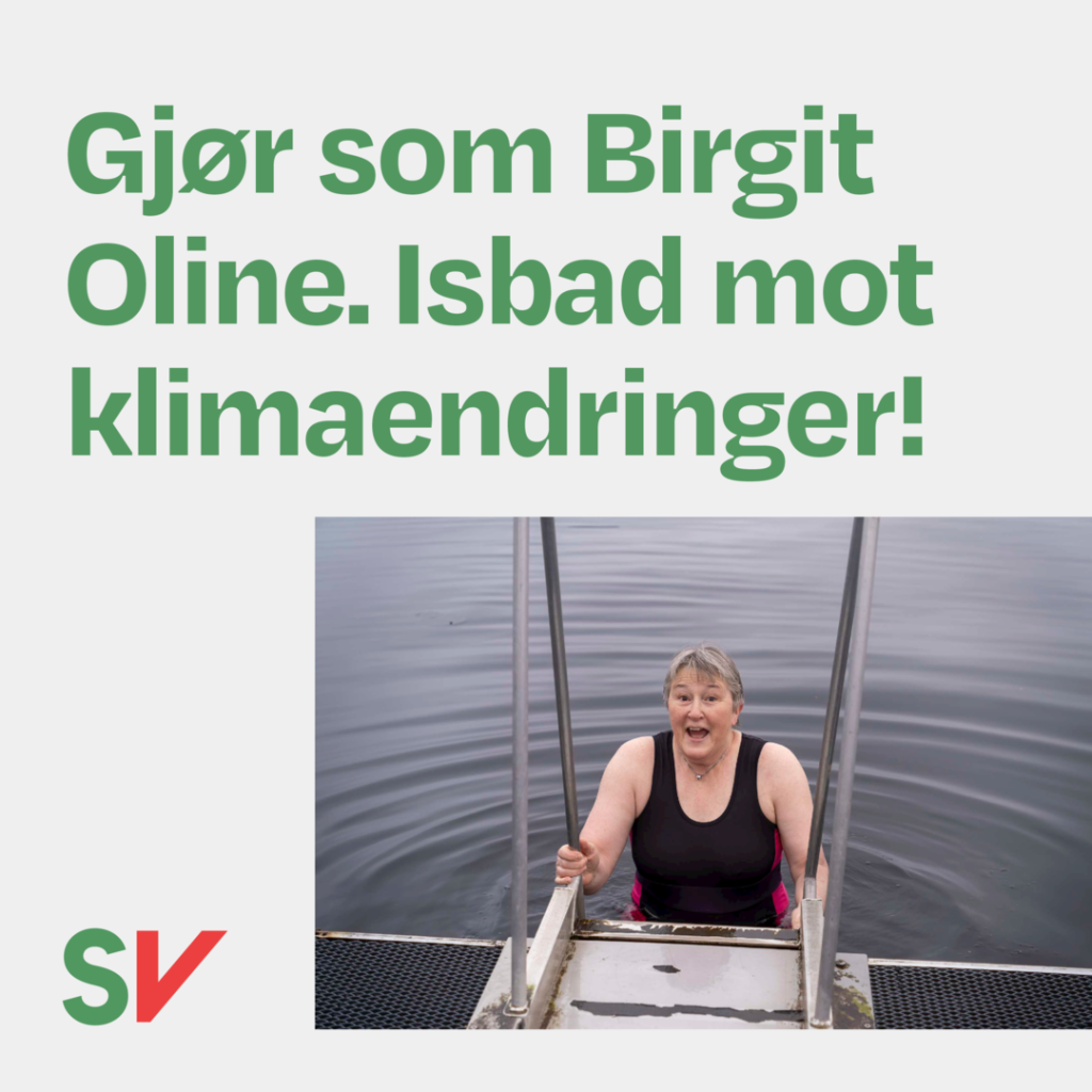 Tekst: Gjør som Birgit Oline. Isbad mot klimaendringer!
Bilde: Birgit klatrer ned badestige til kaldt vann