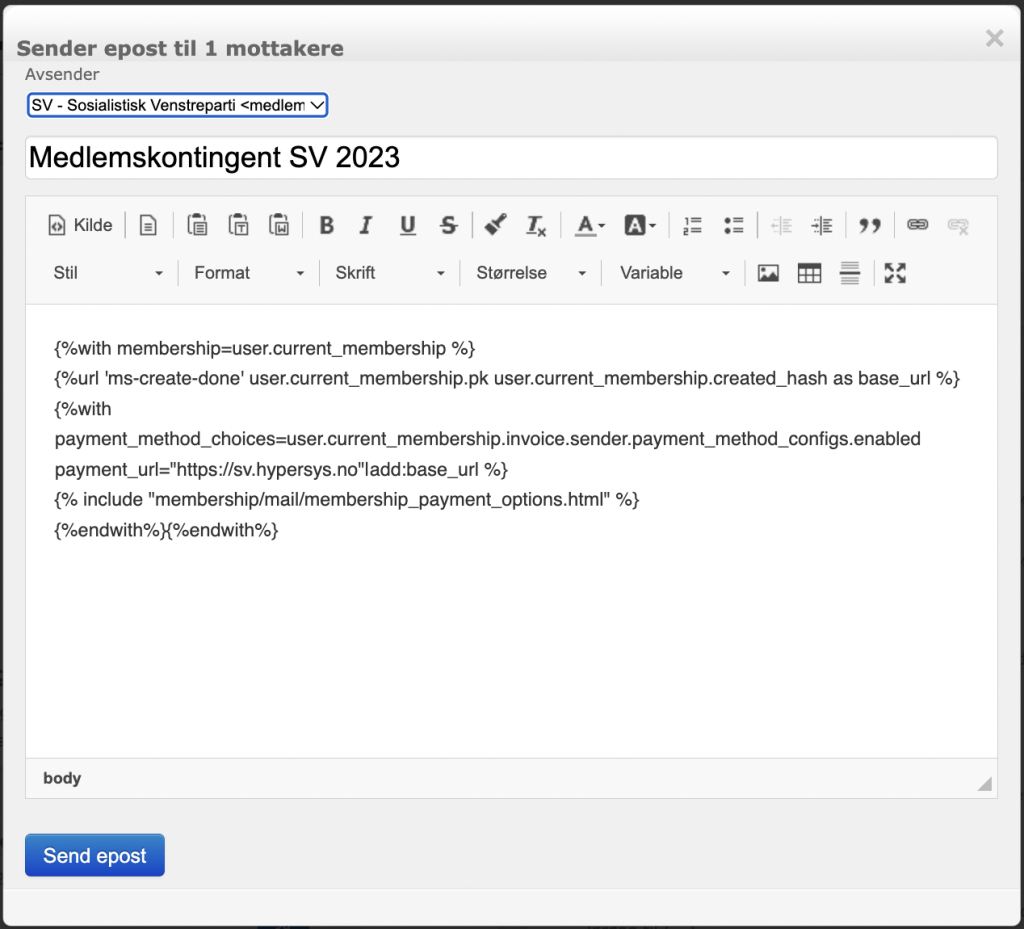 epost med kode for å generere betalingsinfo. skjermdump