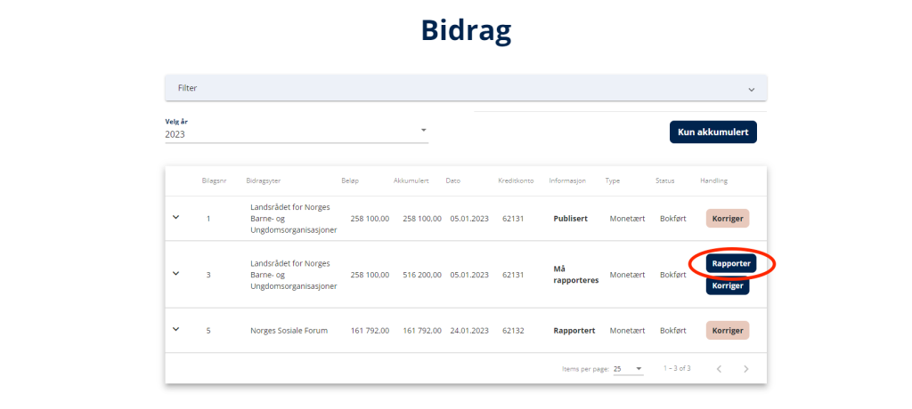 rapportering av valgkampbidrag. skjermdump