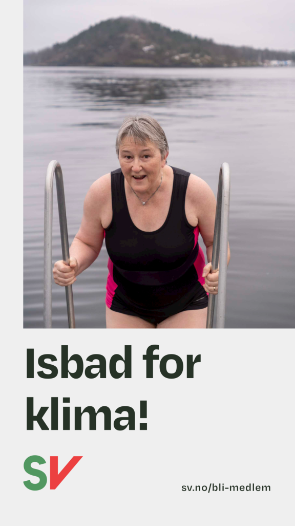 Tekst: isbad for klima!
Bilde: Birgit Oline klatrer ned badestige for å bade
