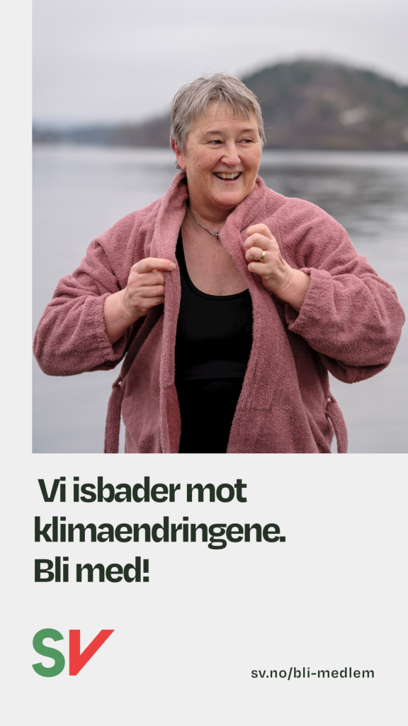 Tekst: Vi isbader mot klimaendringene. Bli med!
Bilde: Birgit Oline med badekåpe etter isbad