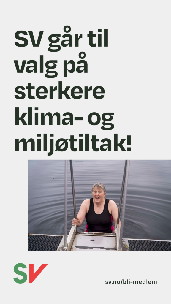 Tekst: SV går til valg på sterkere klima- og miljøtiltak!
Bilde: Birgit Oline som klatrer ned en badestige
