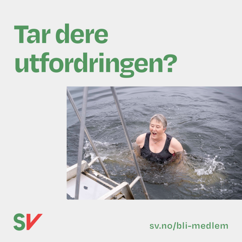 Tekst: Tar dere utfordringen?
Bilde: Birgit Oline som bader i kaldt vann mens hun gjør grimaser