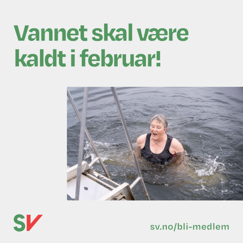 Tekst: Vannet skal være kaldt i februar.
Bilde: Birgit Oline som bader i kaldt vann mens hun gjør grimaser