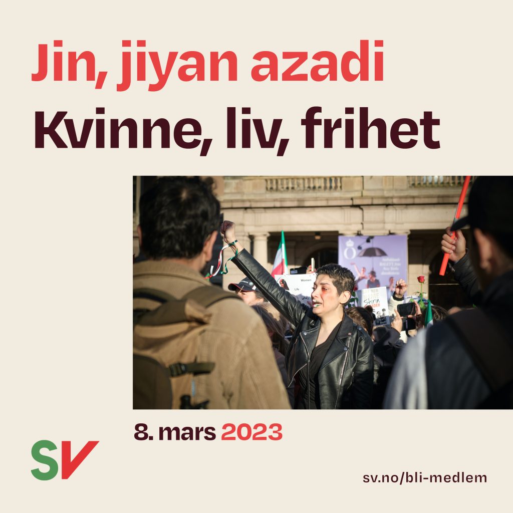 Jin, jiyan azadi - Kvinne, liv, frihet. Bilde av kvinne i demonstrasjon, sminket med fargene til det iranske flagget. Delebilde til 8. mars 2023