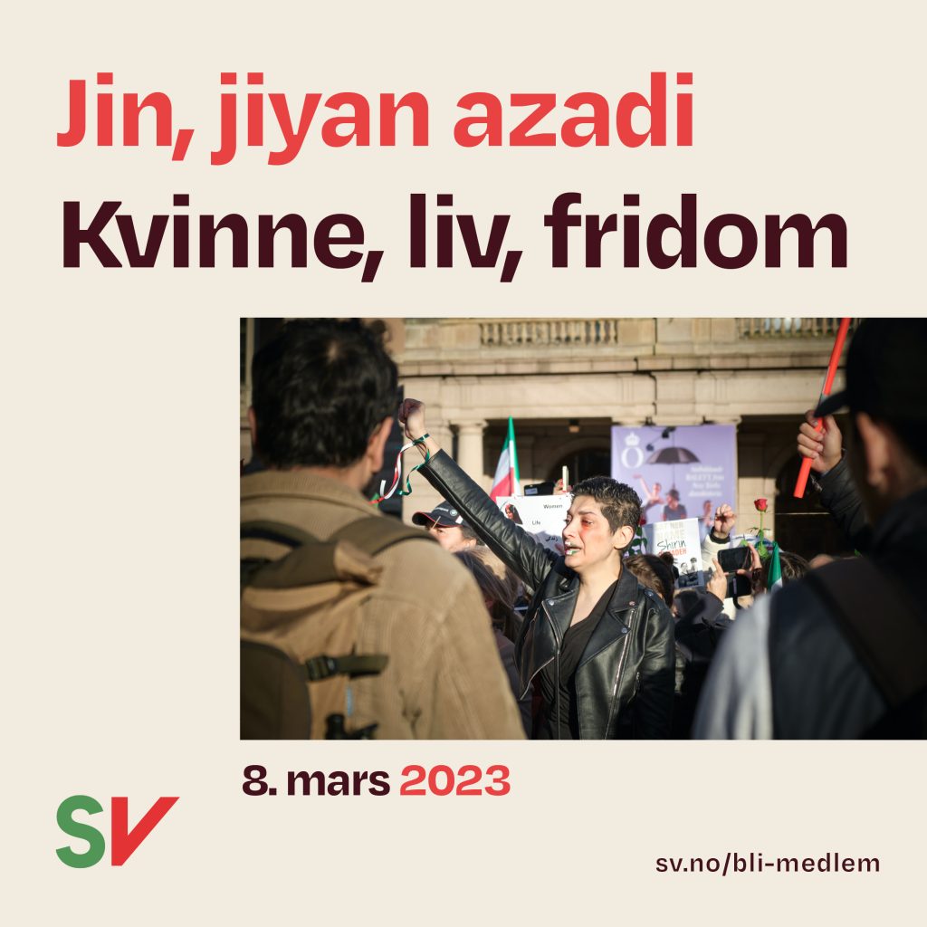Jin, jiyan azadi - Kvinne, liv, fridom. Bilde av kvinne i demonstrasjon, sminket med fargene til det iranske flagget. Delebilde til 8. mars 2023