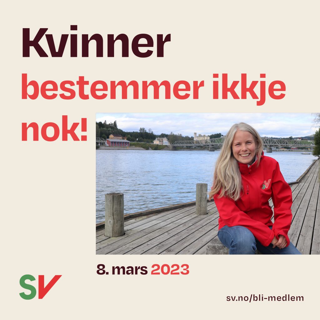 Kvinner bestemmer ikkje nok! Tekst med bilde av Kirsti Bergstø ved brygge. Delebilde til 8. mars 2023