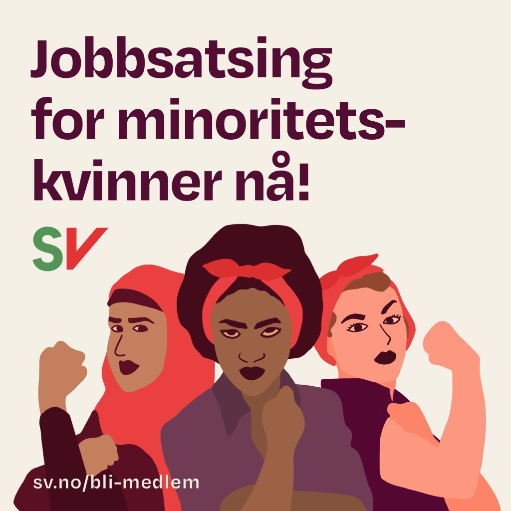 Jobbsatsing for minoritetskvinner nå! Tekst med illustrasjon av tre kvinner som strammer muskler.