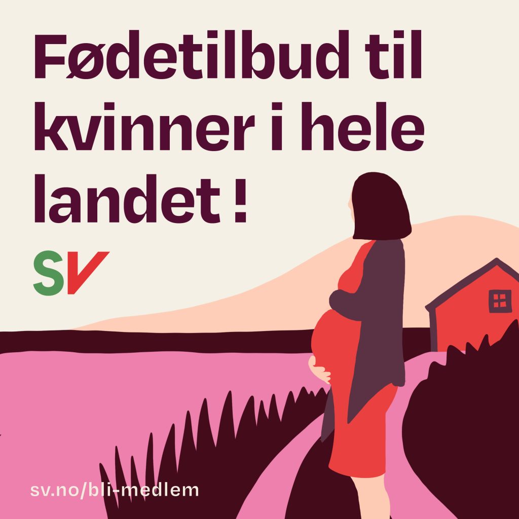 Fødetilbud til kvinne i hele landet! Tekst med illustrasjon av gravid kvinne.