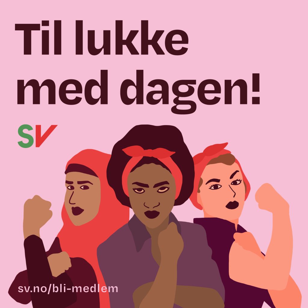 Til lukke med dagen! Tekst med illustrasjon av tre kvinner som strammer muskler.