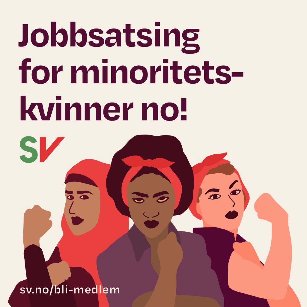 Jobbsatsing for minoritetskvinner no! Tekst med illustrasjon av tre kvinner som strammer muskler.