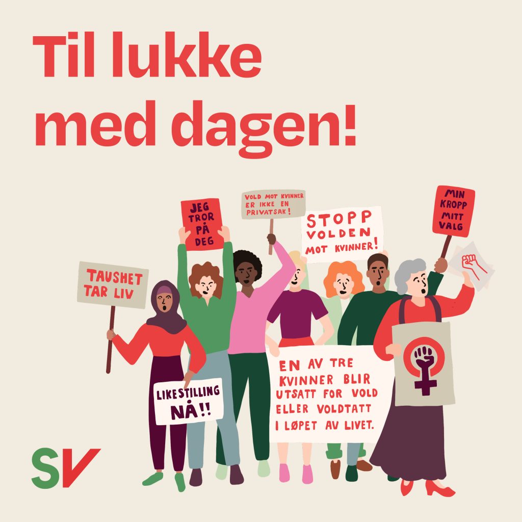 Til lukke med dagen! Tekst med illustrasjon av kvinner i demonstrasjonstog