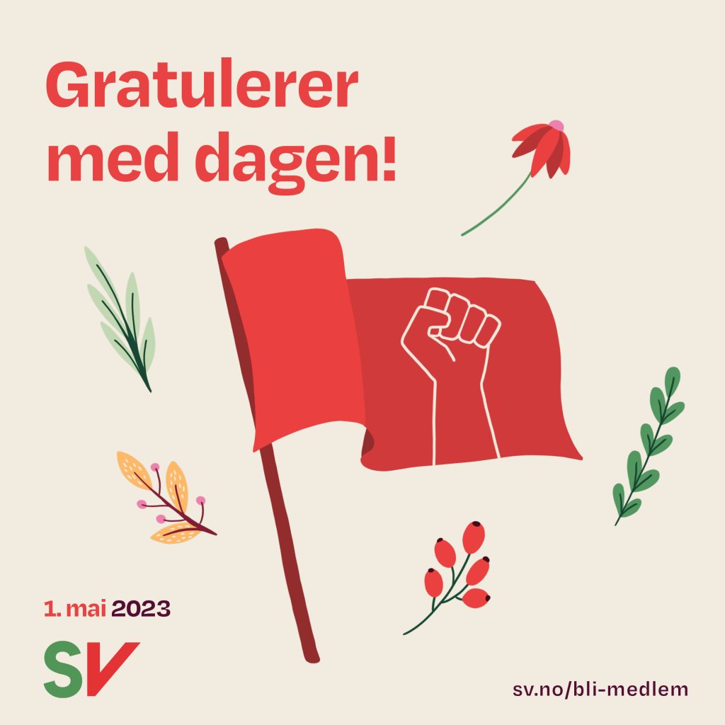 Gratulerer med dagen! Tekst over illustrasjon av rødt flagg med knyttet neve