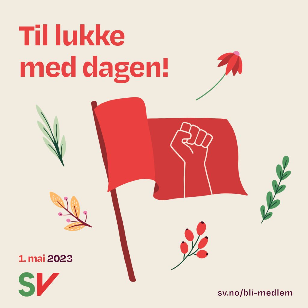 Til lukke med dagen. Tekst over illustrasjon av rødt flagg med knyttet neve