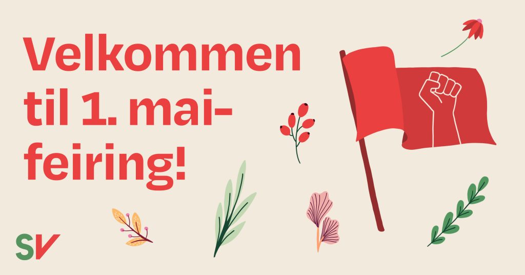 Velkommen til 1.mai feiring. Eventbanner til facebook med tekst og bilde av rødt flagg og planter