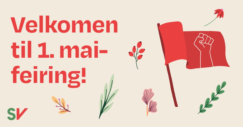 Velkomen til 1.mai-feiring. Eventbanner til facebook med tekst og bilde av rødt flagg og planter