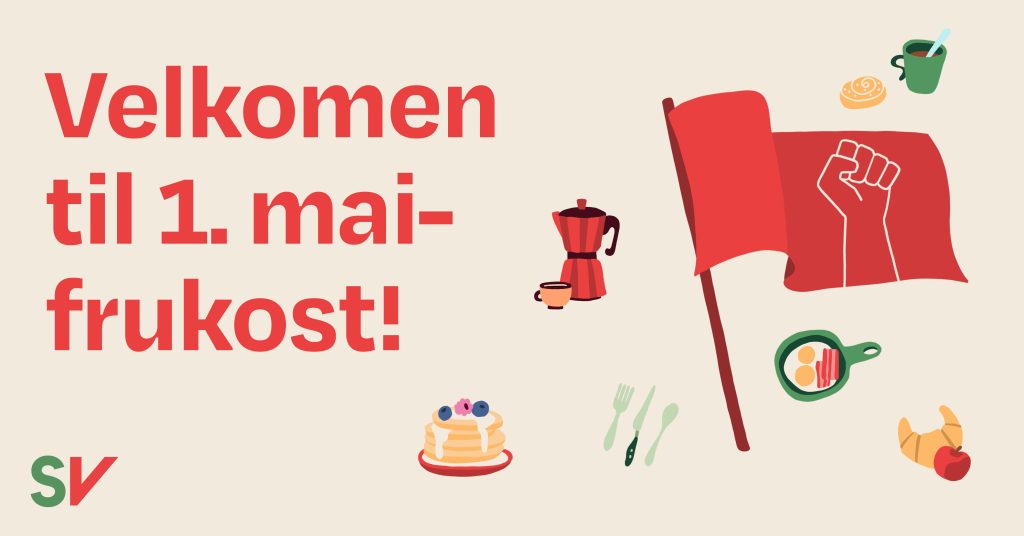 Velkomen til 1.mai-frukost. Eventbanner til facebook med tekst og bilde av rødt flagg og planter