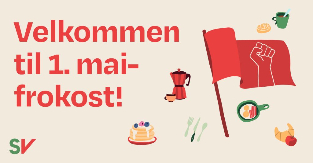 Velkommen til 1.mai frokost. Eventbanner til facebook med tekst og bilde av rødt flagg og planter