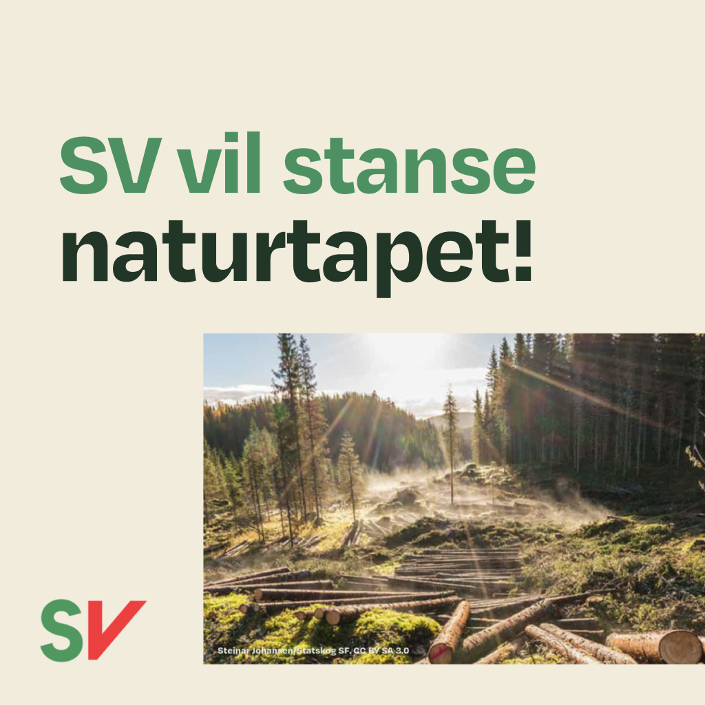 SV vil stanse naturtapet - Grønn tekst på hvit bakgrunn. Fotografi av hogd skog, SV-logo.